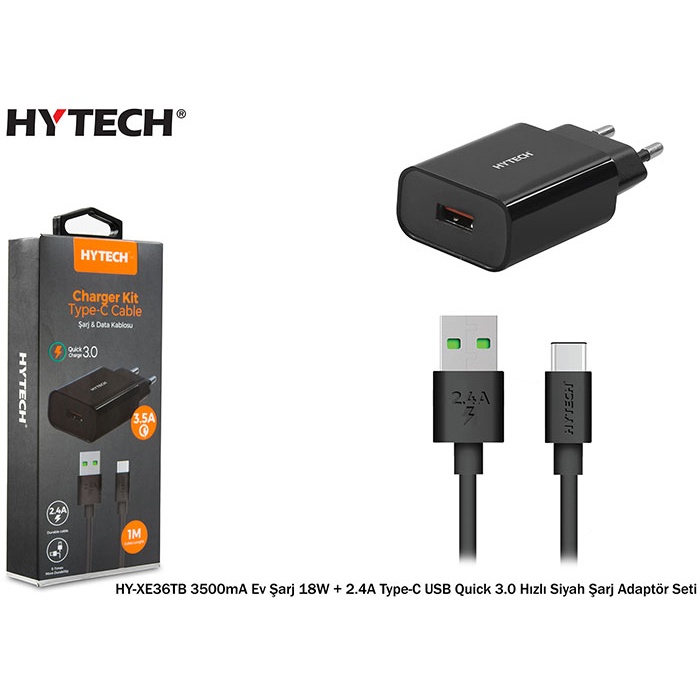 Hytech HY-XE36TB 3500mA Ev Şarj 18W + 2.4A Type-C USB Quick 3.0 Hızlı Siyah Şarj Adaptör Seti