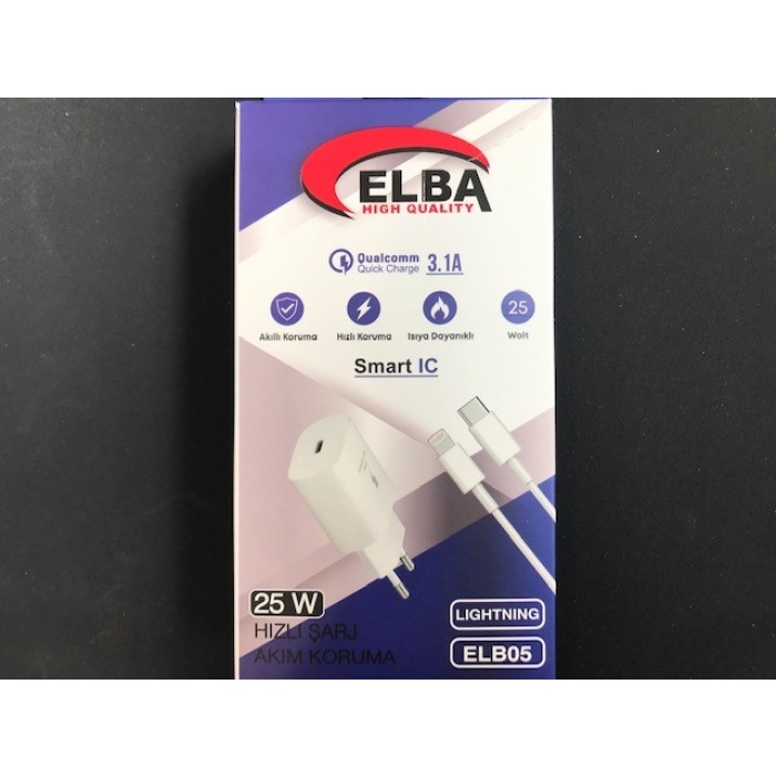 Elba ELB05-PD-25WIOS Beyaz 25W Usb-c Ev Şarj Kafa+1mt Type-c To Lightnıng Kablo PD3.0-QC4.0 Hızlı Ş