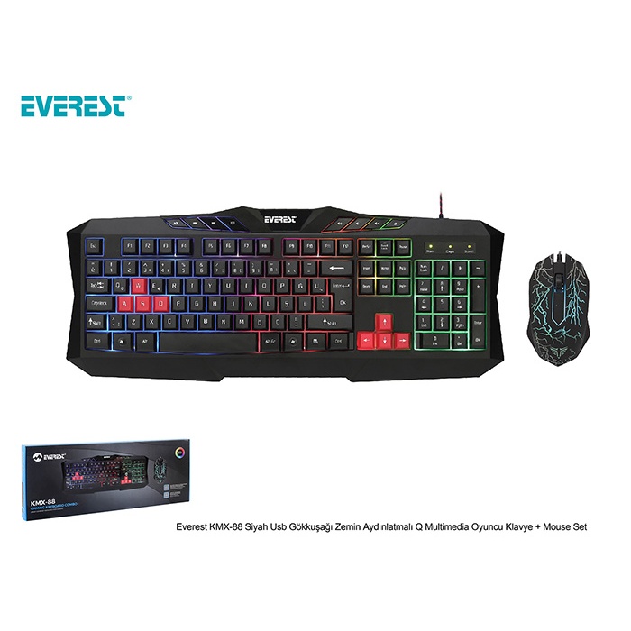 Everest KMX-88 Siyah Usb Gökkuşağı Zemin Aydınlatmalı Q Multimedia Oyuncu Klavye + Mouse Set