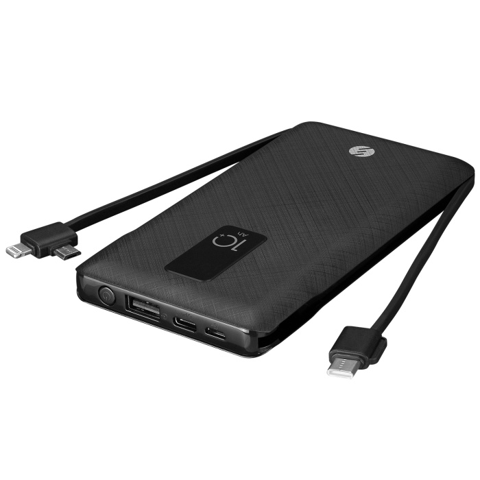 S-link IP-T100C 10000mAh Lightning+Micro+Type C Kablolu Powerbank Siyah LCDli