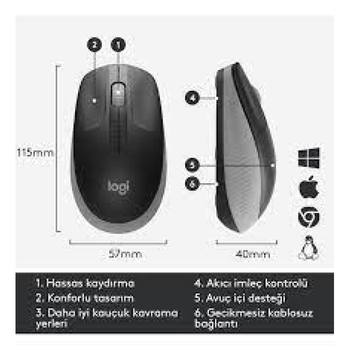 Logitech 910-005922 M191 Mid Grey Büyük Boy Kablosuz Mouse Optik 1000 Dpı Buton