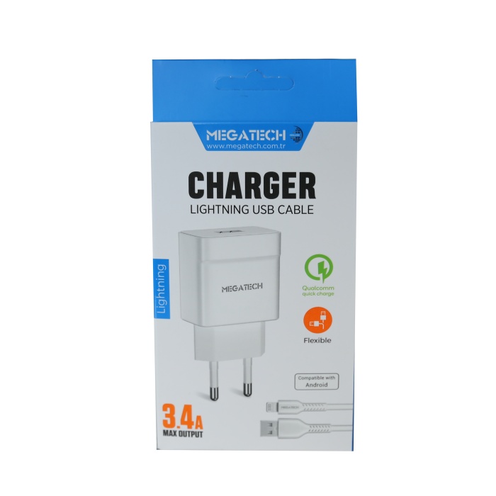 Megatech CC-03 (MT-Cl34) 3.4A Lightning Usb Kablo + Ev Şarj Adaptörü Hızlı Şarj