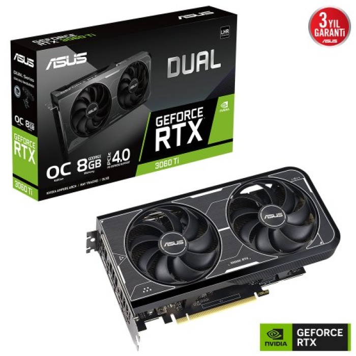 Asus Dual GeForce RTX3060Ti OC DUAL-RTX3060TI-O8GD6X 8GB GDDR6X 256Bit DX12 Gaming Ekran Kartı