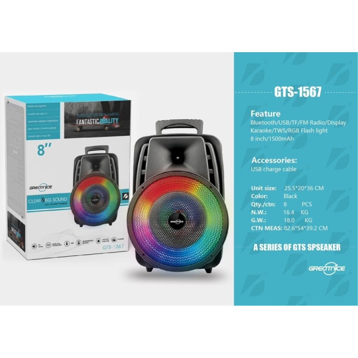 GTS-1567 8 Siyah Mikrofonlu Bleutooth-Fm-Usb Küçük El Anfisi RGB