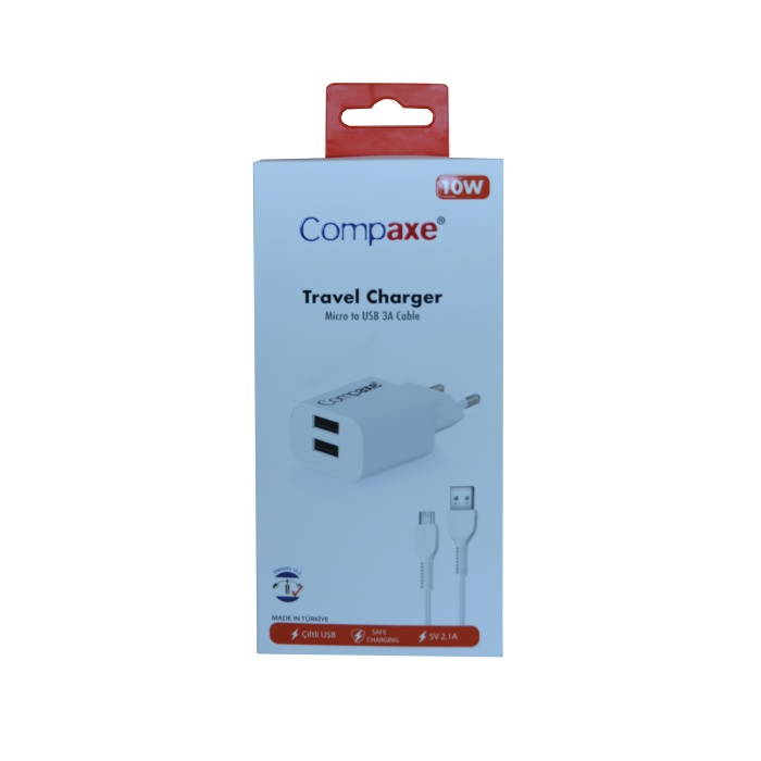 Compaxe CTA-521DMU 5v 2.1a 10W 2USB 1Mt Usb 3.0 Ev şarj+ Mikro Şarj Kablosu