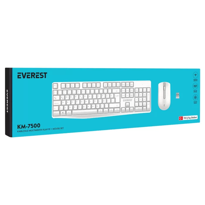 Everest KM-7500 Beyaz Kablosuz Q Multimedia Klavye + Mouse Set