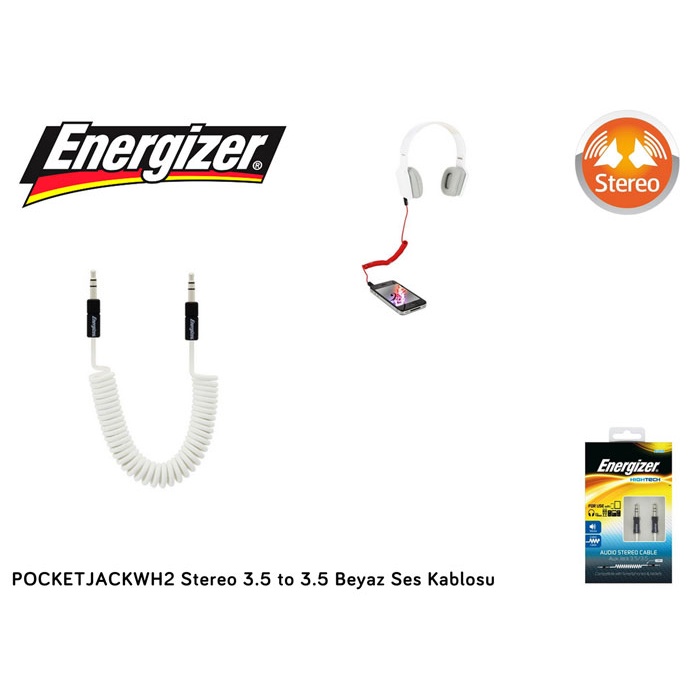 Energizer POCKETJACWH2 Stereo 3.5 to 3.5 Beyaz Ses Kablosu