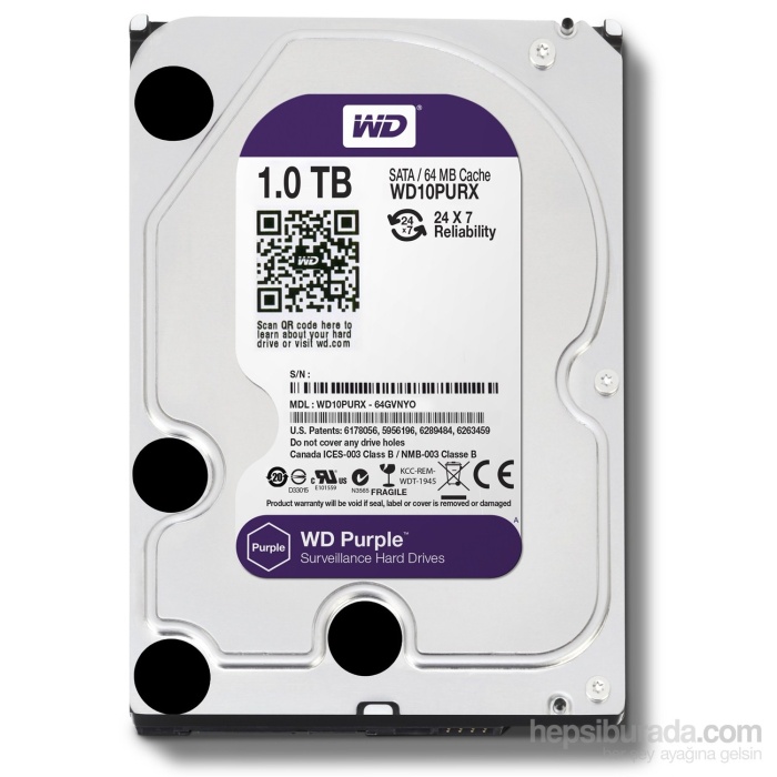 Wd 1TB Purple Intellipower Sata 3.0 64Mb 3,5 Güvenlik Diski 7x24 (WD10PURX) Harddisk (İthalat)