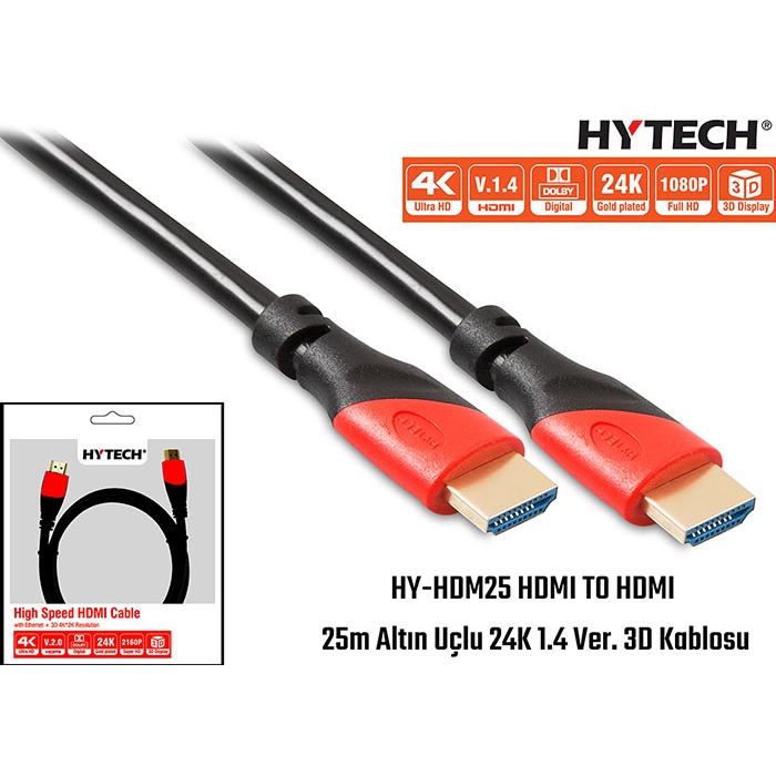 Hytech HY-XHDM25 HDMI TO HDMI 25m Altın Uçlu 24K 1.4 Ver. 3D Kablosu