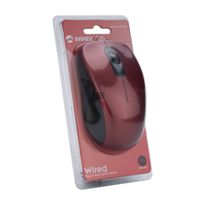 Everest SM-258 Usb Kırmızı 1200dpi Optik Kablolu Mouse