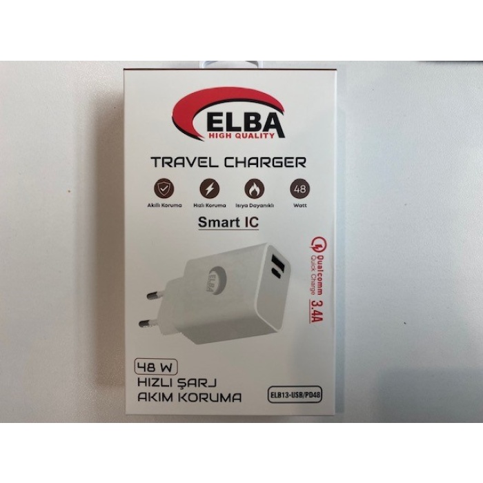 Elba ELB13 Elb-48w 3.4A USB-Pd48 (Usb+Type-C) Akıllı Koruma- Isıya Dayanklı Hızlı Şarj Ev Şarj Kafa