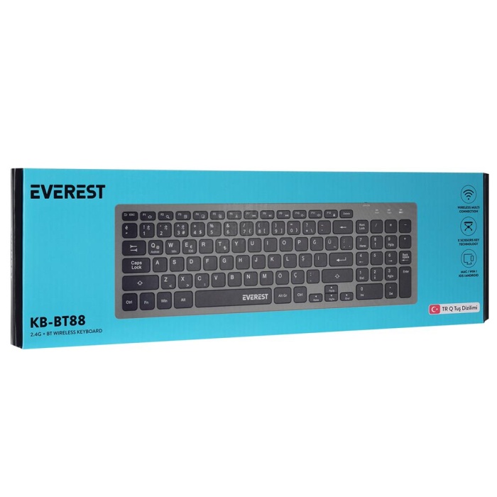 Everest KB-BT88 Siyah-Gri Bluetooth Ultra İnce Q Mac-Win-Android-Ios Uyumlu Kablosuz klavye