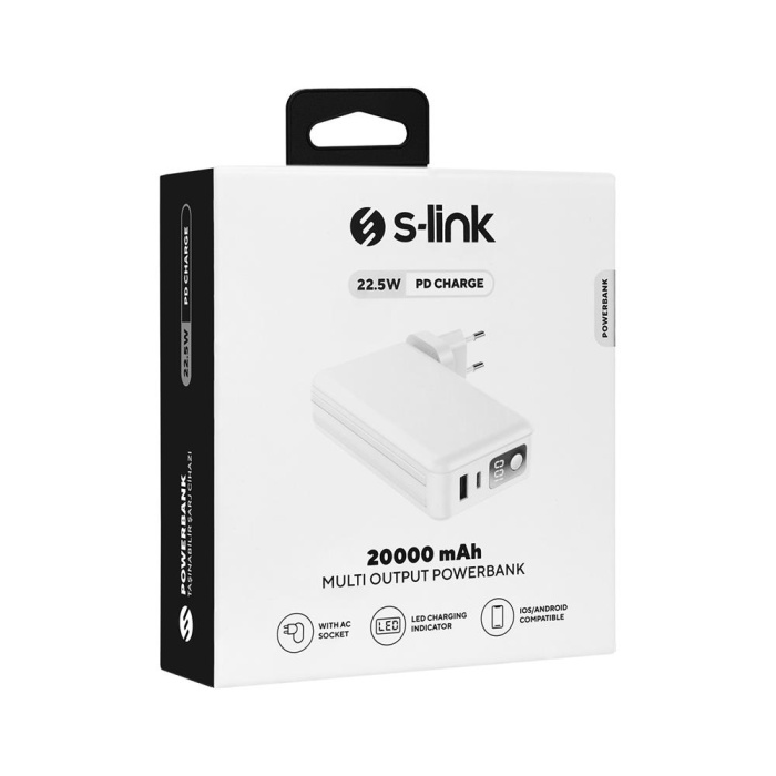 S-link G225 20000mAh Lightning+Type-C Kablolu Powerbank Beyaz 5W Prizli Taşınabilir Pil Şarj Cihazı