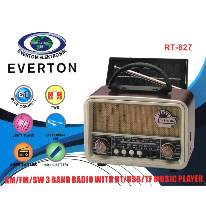 Everton RT-827 Bluetooth-USB-SD-FM Şarjlı Nostaljik Radyo (Solar Güneş Panelli)