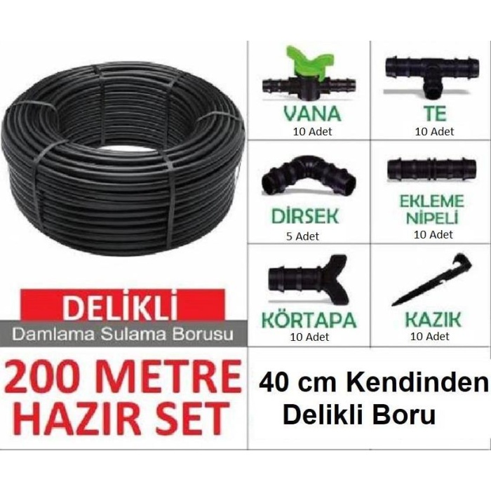 Bahçe Damla Sulama Seti 40 cm Delikli Boru 200 mt