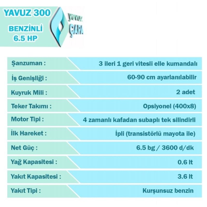 Yavuz Y300 Benzinli Çapa Makinası 3+1 Teker+Pulluk