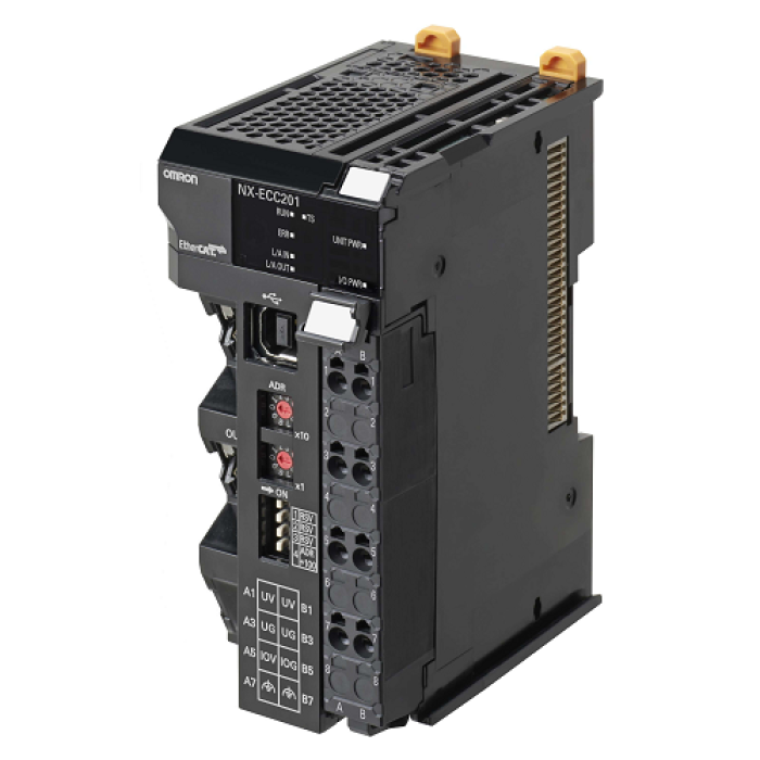 NX-series EtherCAT Coupler, 2 ports, 250 µs cycle time, 63 I/O units, max I/O current 4 A, screwless push-in connector, delivered with end cover