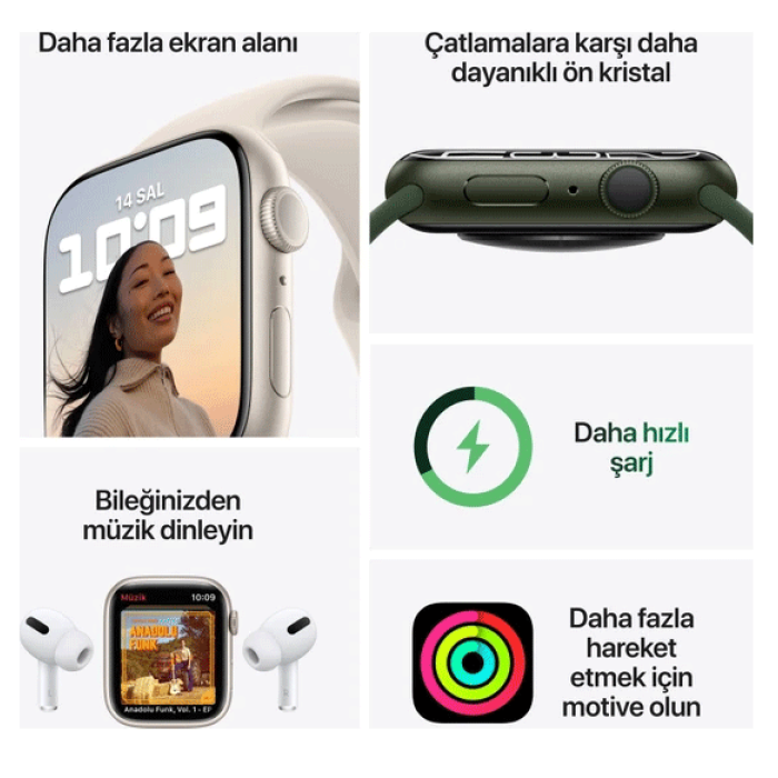 Apple Watch Seri 7 Gps, 41MM Siyah Alüminyum Kasa ve Siyah Spor Kordon