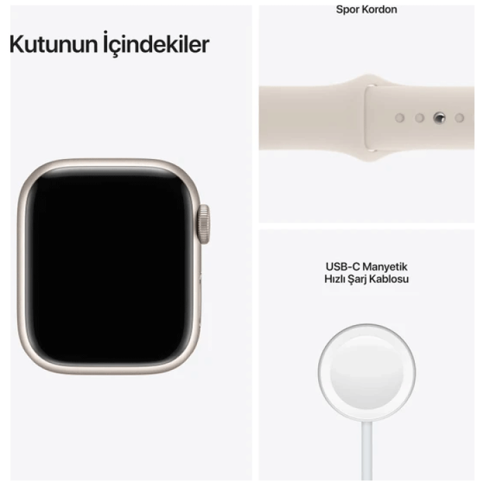 Apple Watch Seri 7 Gps, 41MM Beyaz Alüminyum Kasa ve Beyaz Spor Kordon