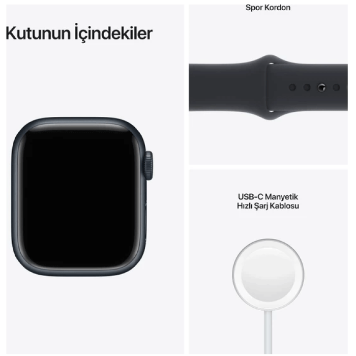 Apple Watch Seri 7 Gps, 41MM Siyah Alüminyum Kasa ve Siyah Spor Kordon