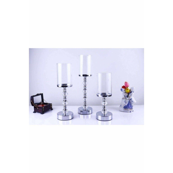 Kristal Taşlı Ayaklı Metal Şamdan Mumluk Kaliteli 3lü Set --6010