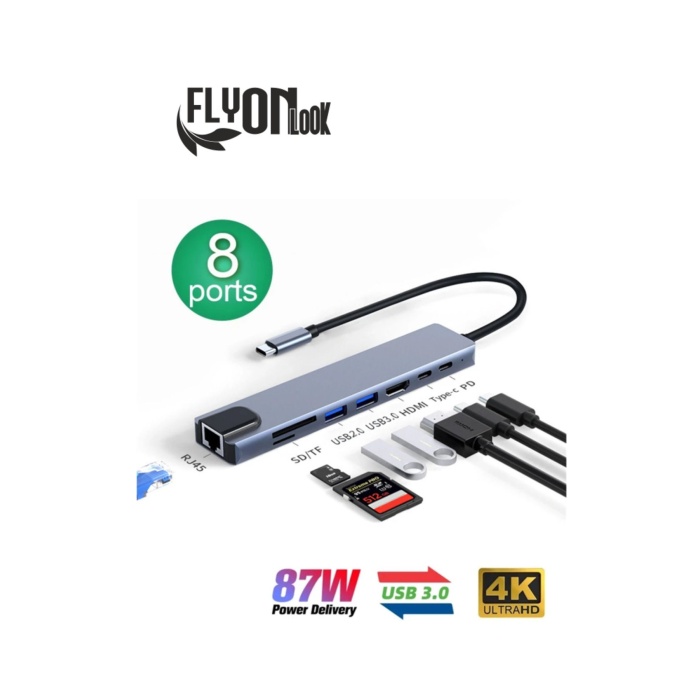 8 In 1 type-c 3.1 4K HDMI Adaptörü ile SD/TF Kart Okuyucu PD Hızlı Şarj için  Ethernet Girişli