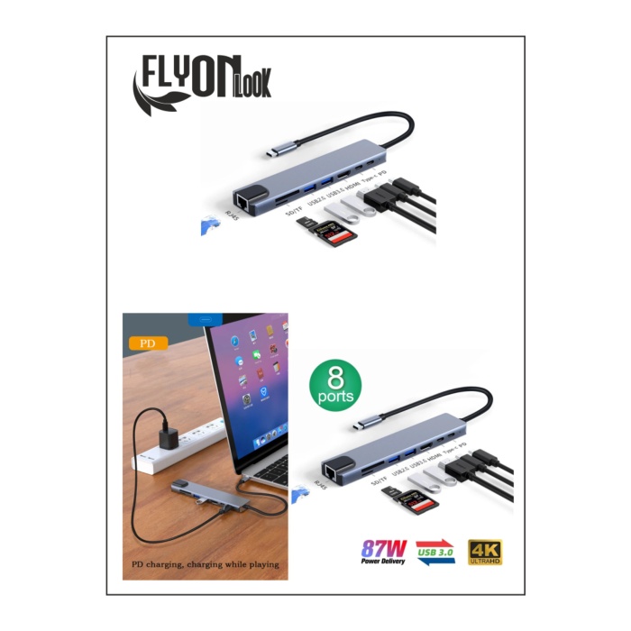 8 In 1 type-c 3.1 4K HDMI Adaptörü ile SD/TF Kart Okuyucu PD Hızlı Şarj için  Ethernet Girişli