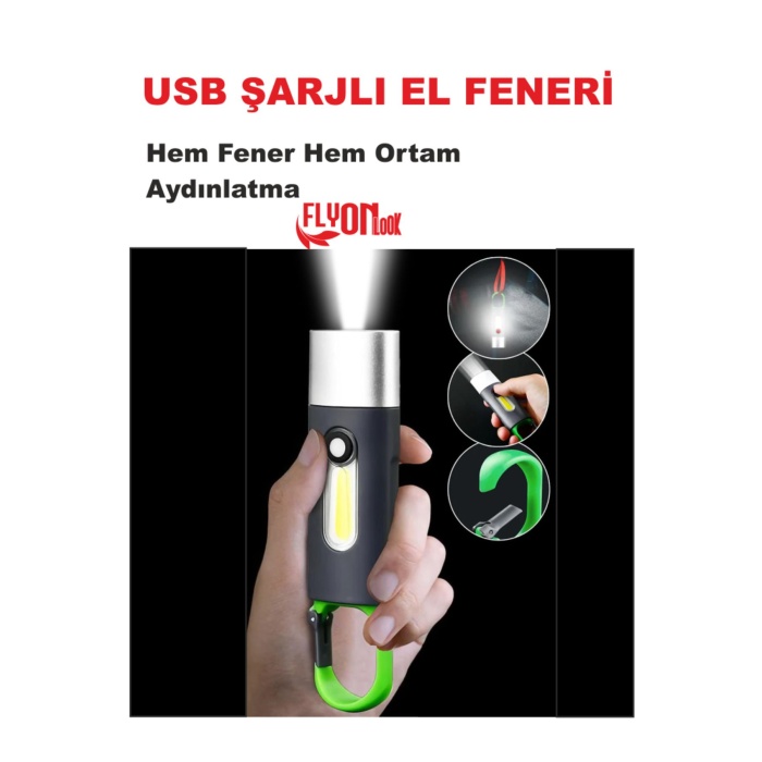 USB ŞARJLI EL FENERİ HEM FENER HEM ORTAM AYDINLATMA KANCALI FLAŞÖR KAMP , CEP , KAMP ÇANTASI ,LAMBA