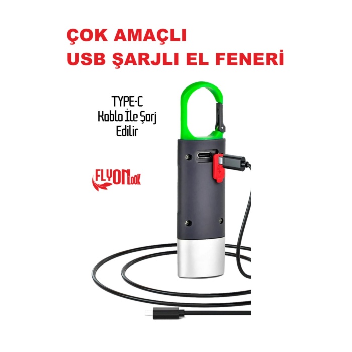 USB ŞARJLI EL FENERİ HEM FENER HEM ORTAM AYDINLATMA KANCALI FLAŞÖR KAMP , CEP , KAMP ÇANTASI ,LAMBA