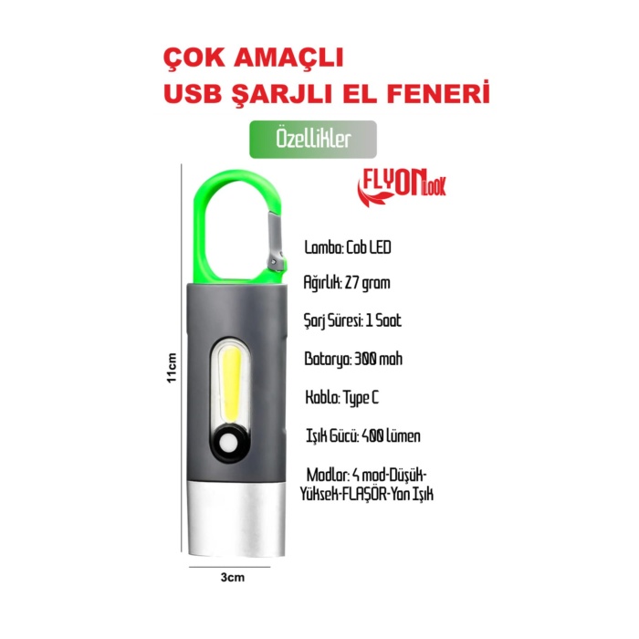 USB ŞARJLI EL FENERİ HEM FENER HEM ORTAM AYDINLATMA KANCALI FLAŞÖR KAMP , CEP , KAMP ÇANTASI ,LAMBA