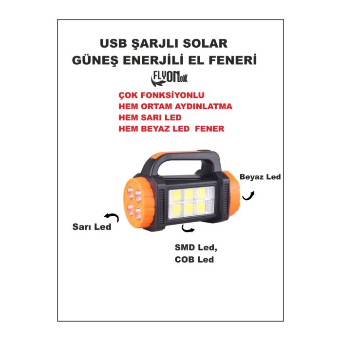 Solar Güneş Enerjili Hem Ortam Aydınlatma Hem Sarı Ön Led - Arka Beyaz Led Powerbank Özelikli Fener