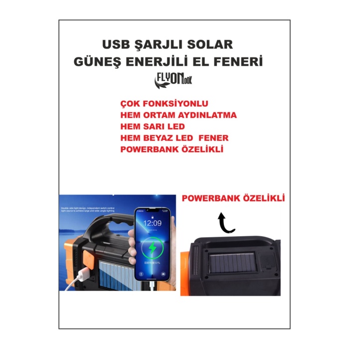 Solar Güneş Enerjili Hem Ortam Aydınlatma Hem Sarı Ön Led - Arka Beyaz Led Powerbank Özelikli Fener