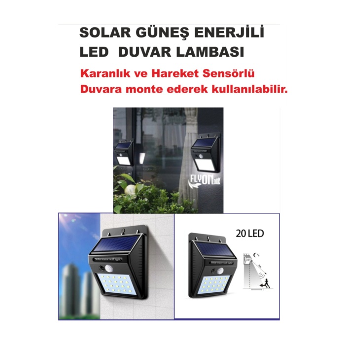 Solar Güneş Enerjili Bahçe,Teras,Balkon,Dış Mekan Sensör 20 SMD LED Beyaz Işık Aydınlatma Fener