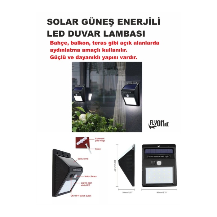 Solar Güneş Enerjili Bahçe,Teras,Balkon,Dış Mekan Sensör 20 SMD LED Beyaz Işık Aydınlatma Fener