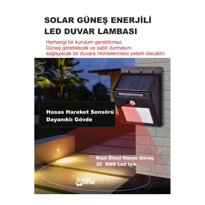 Solar Güneş Enerjili Bahçe,Teras,Balkon,Dış Mekan Sensör 20 SMD LED Beyaz Işık Aydınlatma Fener