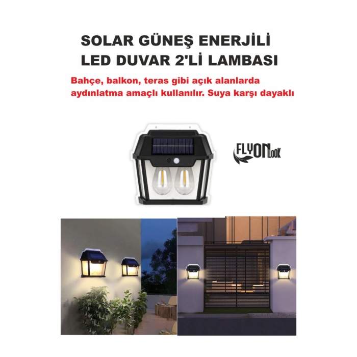 Solar Güneş Enerjili Bahçe,Teras,Balkon,Dış Mekan Sensör Kademeli 2Lİ Filament Led Aydınlatma Fener