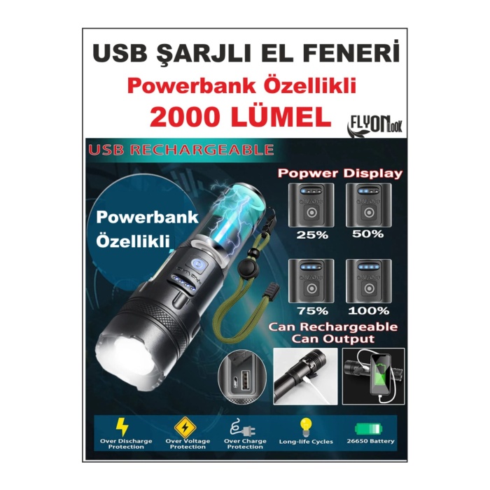 Ultra Güçlü Powerbank Özellikli 2000 Lümel El Feneri Zoom Özellik Şarj Gösterge Hızlı Dolum Deprem