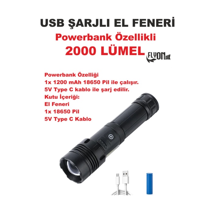 Ultra Güçlü Powerbank Özellikli 2000 Lümel El Feneri Zoom Özellik Şarj Gösterge Hızlı Dolum Deprem