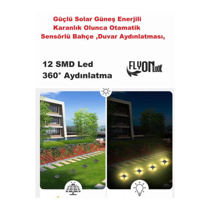 Solar Güneş Enerjili Şık Modern Bahçe Aydınlatma  Duvara ya da Zemine Monte 12 SMD Led 360° Işık