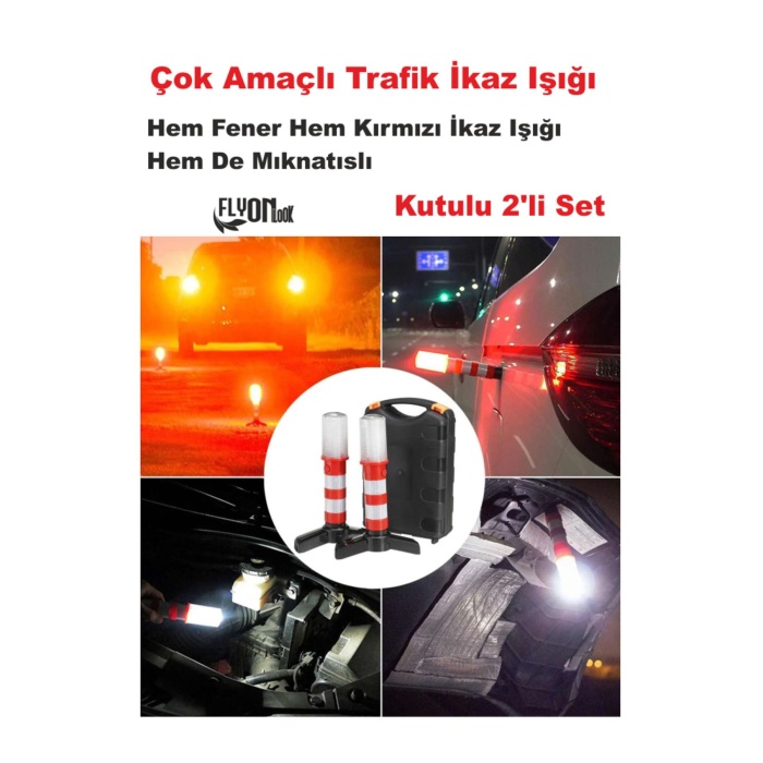 Fonsiyonlu Trafik Acil Durum Işığı Feneri Mıknatıslı 2li Set Hem İkaz Işığı Hem Fener Özelikli