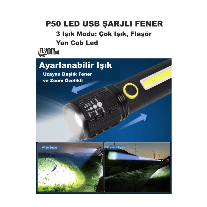 LED USB ŞARJLI FENER HEM ORTAM AYDINLATMALI HEM FENER  ZOOM ÖZELLİKLİ LAMBA 3 MODLU EL FENERİ KUTULU