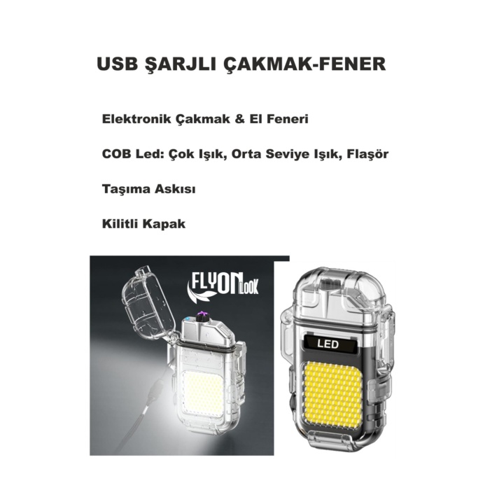 USB ŞARJLI FENER- ELEKTRONİK ÇAKMAK FONKSİYONLU KAMP  TAŞIMA ASKILI ÇAKMAKLIK SEYEHAT KİLİTLİ KAPAK