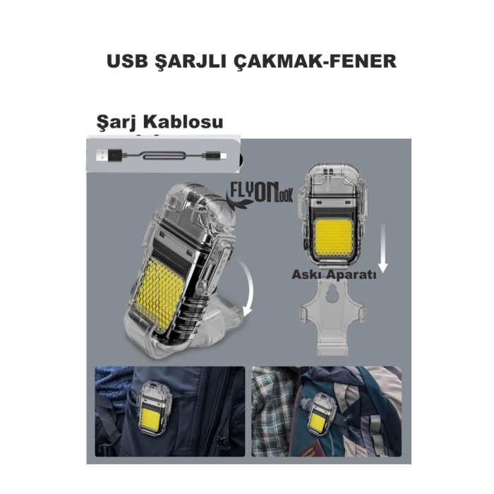 USB ŞARJLI FENER- ELEKTRONİK ÇAKMAK FONKSİYONLU KAMP  TAŞIMA ASKILI ÇAKMAKLIK SEYEHAT KİLİTLİ KAPAK