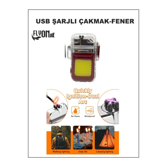 Usb Şarjli Fener- Elektroni?k Çakmak Fonksi?yonlu Kamp  Taşima Askili Çakmaklik Seyehat Ki?li?tli?