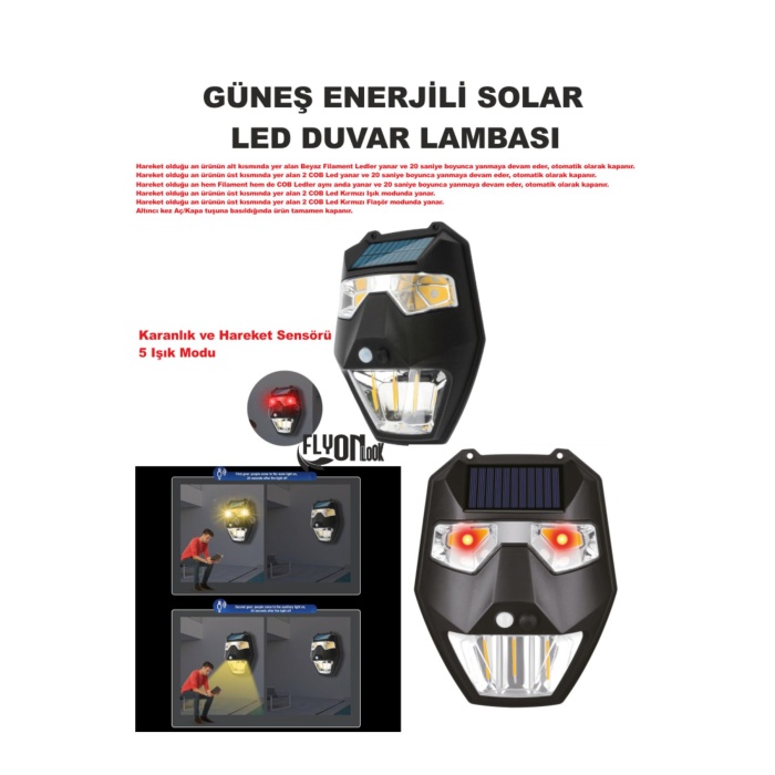 Güneş Enerjili Solar Led Duvar Lambası 5 Işık Modlu Karanlık  Otomatik  Devre  Ev,Bahçe,Teras Fener