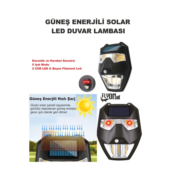 Güneş Enerjili Solar Led Duvar Lambası 5 Işık Modlu Karanlık  Otomatik  Devre  Ev,Bahçe,Teras Fener