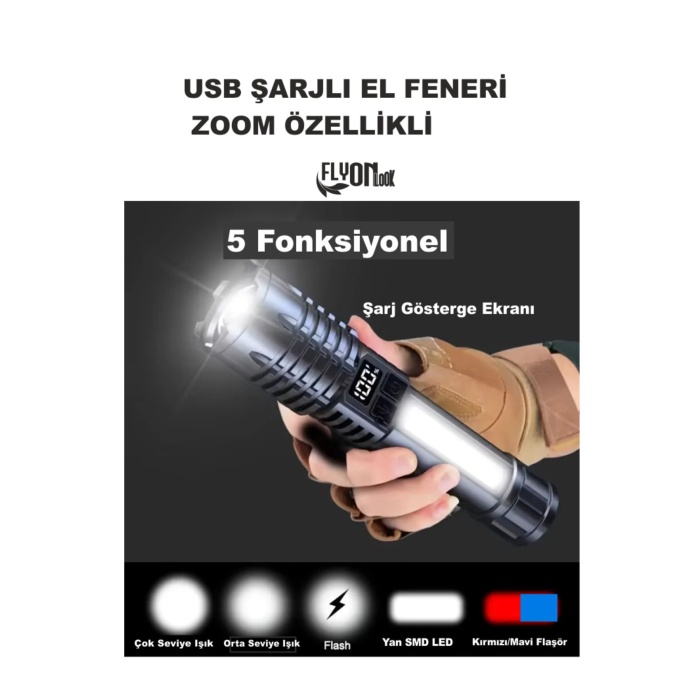 USB ŞARJLI EL FENERİ 5 FONKSİYONLU P50 LED -SMD LED ZOOMLU GÖSTERGE EKRANLI KAMP EV OFİS BALIKÇILIK