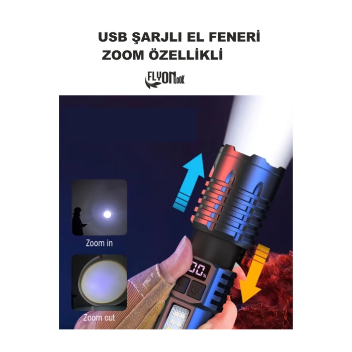 USB ŞARJLI EL FENERİ 5 FONKSİYONLU P50 LED -SMD LED ZOOMLU GÖSTERGE EKRANLI KAMP EV OFİS BALIKÇILIK