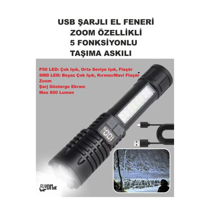 USB ŞARJLI EL FENERİ 5 FONKSİYONLU P50 LED -SMD LED ZOOMLU GÖSTERGE EKRANLI KAMP EV OFİS BALIKÇILIK