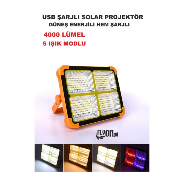 ŞARJLI HEM GÜNEŞ ENERJLİ SOLAR PROJEKTÖR 4000 LÜMEL 5 IŞIK MODLU LAMBA FENER  SOLAR PANEL PORTATİF